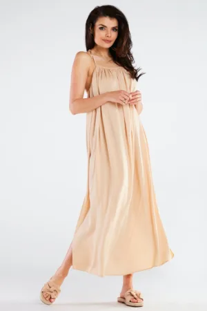 Bej Midi Rochie Fara maneca A428