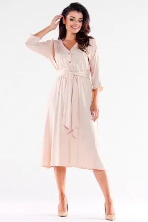Bej Midi Rochie Maneca trei sferturi A522