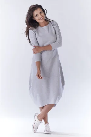 Gri Midi Rochie Maneca trei sferturi - Bumbac A191