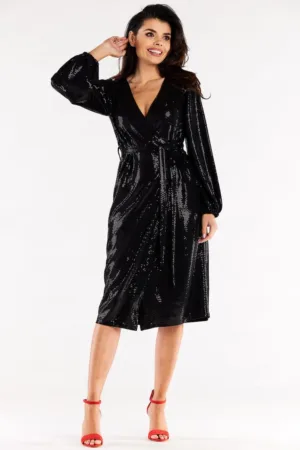 Negru Midi Rochie Maneca lunga - Poliester A564