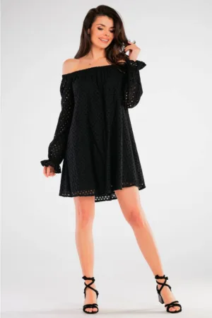 Negru Scurta Rochie Maneca lunga - Bumbac A435