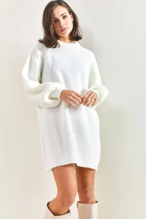 Pulover dama -  Rochie tricotata texturata - Alb - Tricot -