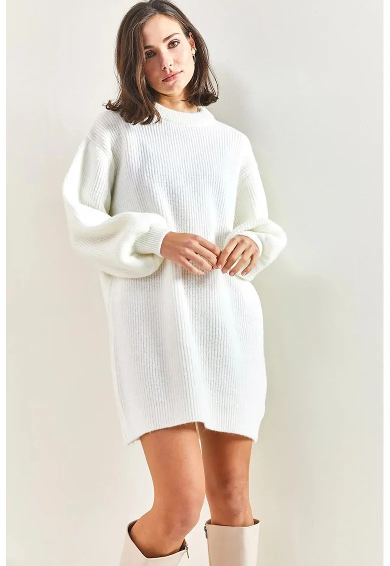 Pulover dama - Rochie tricotata texturata - Alb - Tricot -