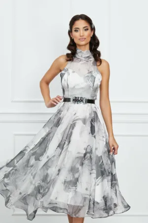 Rochie Adina gri din organza cu imprimeuri