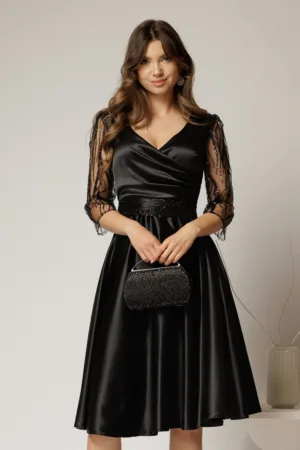 Rochie Adria neagra din tafta in clos cu cordon in talie