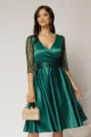 Rochie Adria verde smarald din tafta in clos cu cordon in talie