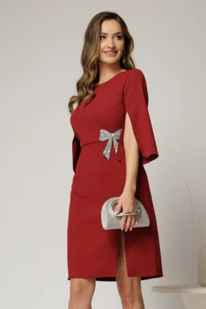 Rochie Aja eleganta din stofa bordo cu aplicatie funda