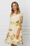 Rochie Alina bej cu imprimeuri orange si curea in talie