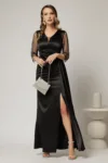 Rochie Alora lunga eleganta din tafta neagra cu pietre pe maneci