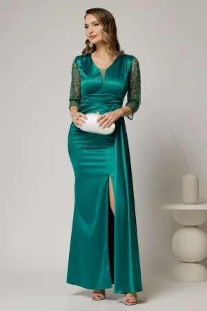 Rochie Alora lunga eleganta din tafta verde cu pietre pe maneci