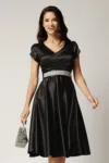 Rochie Amira midi neagra din tafta cu paiete pe maneci si cordon in talie