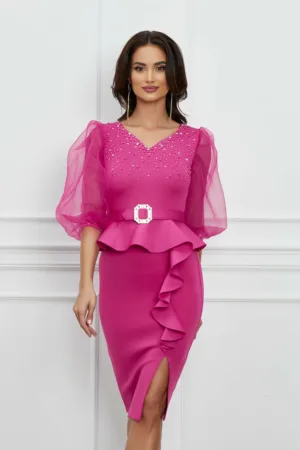 Rochie Andra fucsia din neopren cu maneci din organza