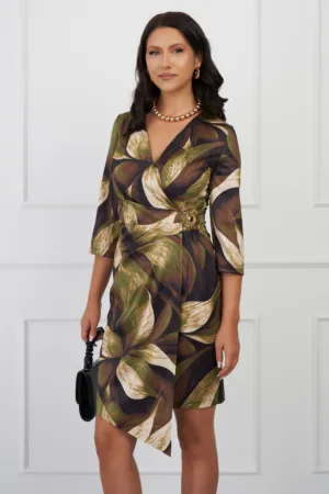 Rochie Andreea verde cu imprimeuri maro si accesoriu in talie