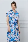 Rochie Anis bleu cu imprimeuri lila si cordon in talie