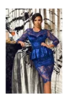 Rochie Atmosphere albastra de ocazie midi conica din catifea si tul brodat cu peplum in talie