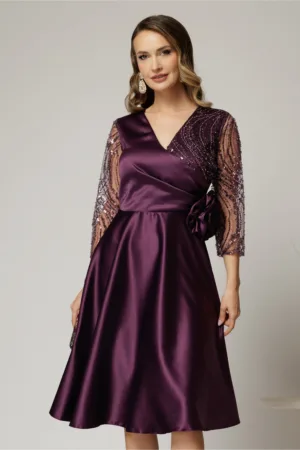 Rochie Azaleea midi mov din tafta cu paiete la bust si funda maxi in talie