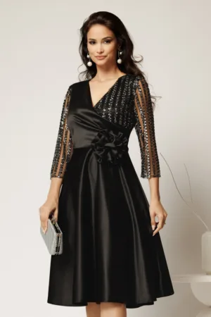 Rochie Azaleea midi neagra din tafta cu paiete la bust si funda maxi in talie