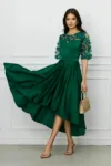 Rochie Brinda eleganta din tafta verde pin cu broderie 3D