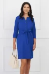 Rochie Camelia albastra cu nasturi pe bust si cordon in talie