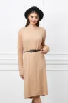 Rochie Corina bej din tricot cu striatii pe maneci si curea in talie