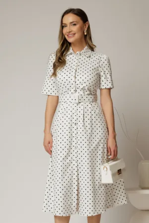 Rochie DY Fashion alba cu buline tip camasa si curea in talie