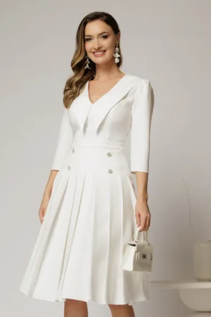 Rochie DY Fashion alba cu decolteu cu guler ascutit si fusta plisata