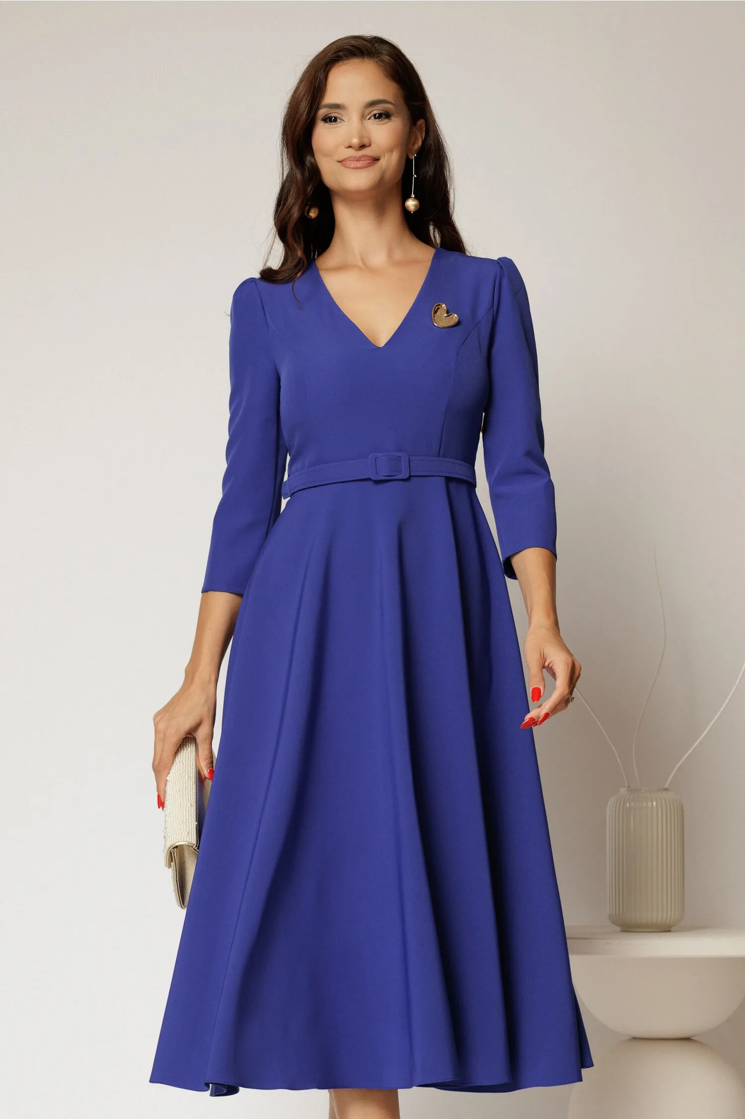 Rochie DY Fashion albastra clos cu decolteu V si curea in talie