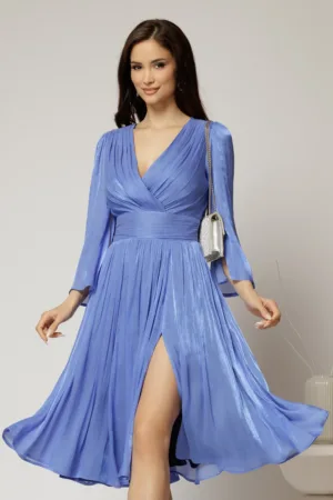 Rochie DY Fashion albastra de ocazie din voal peliculizat cu maneci crapate
