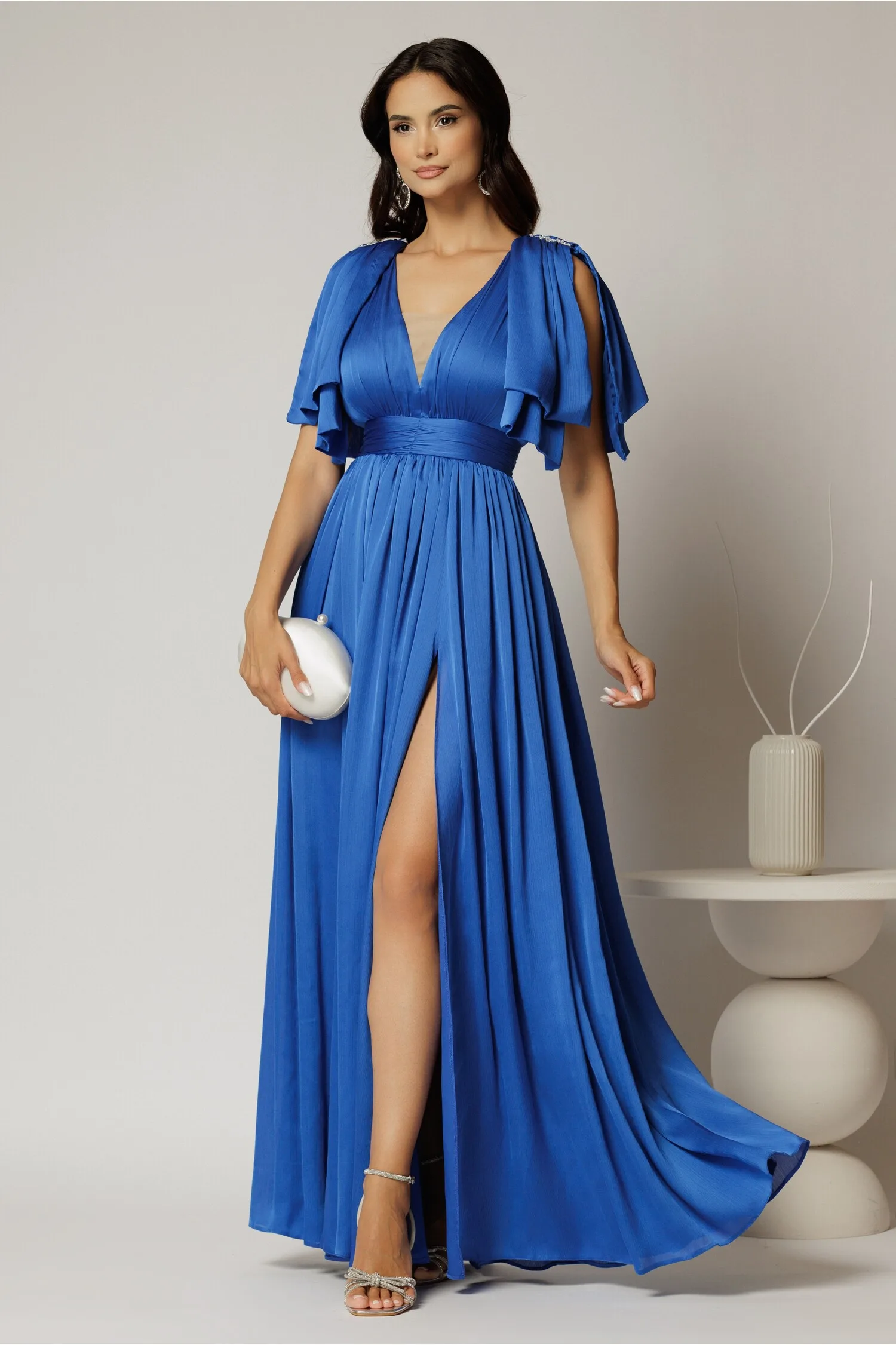 Rochie DY Fashion albastra lunga de seara cu decolteu adanc si funde ample