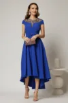Rochie DY Fashion asimetrica albastra cu funda in talie si aplicatii la decolteu