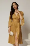 Rochie DY Fashion aurie de ocazie din voal peliculizat cu maneci crapate