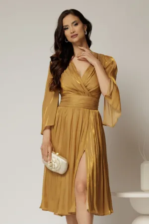 Rochie DY Fashion aurie de ocazie din voal peliculizat cu maneci crapate