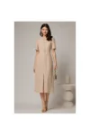 Rochie DY Fashion bej de zi de vara cu maneci scurte si nasturi la bust