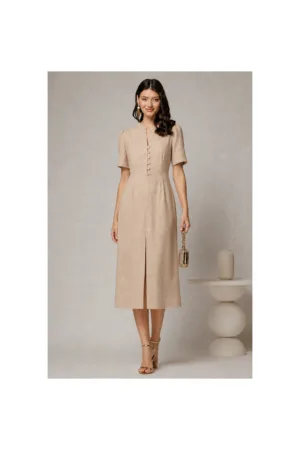 Rochie DY Fashion bej de zi de vara cu maneci scurte si nasturi la bust