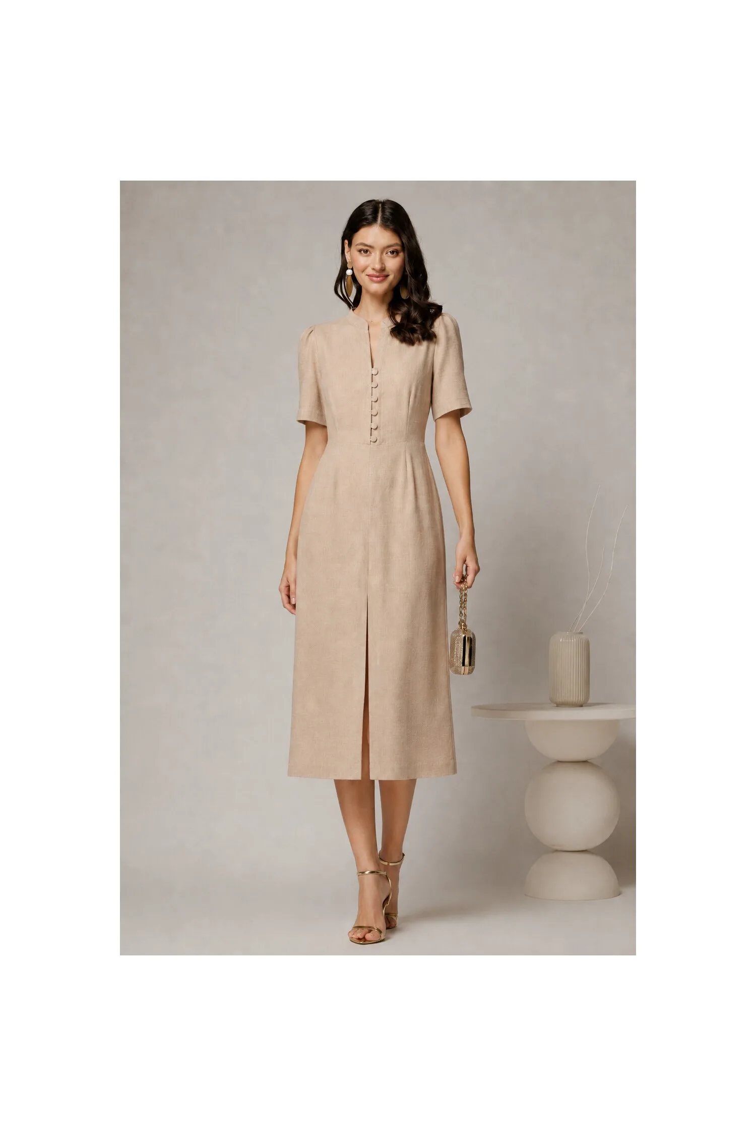 Rochie DY Fashion bej de zi de vara cu maneci scurte si nasturi la bust