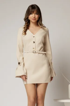 Rochie DY Fashion bej deschis cu maneci evazate si decolteu cu guler