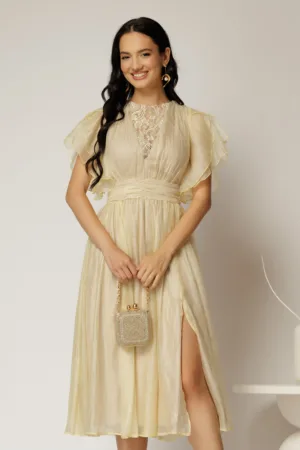 Rochie DY Fashion bej din voal creponat si insertii de dantela la bust