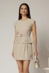 Rochie DY Fashion bej scurta cu peplum si curea in talie