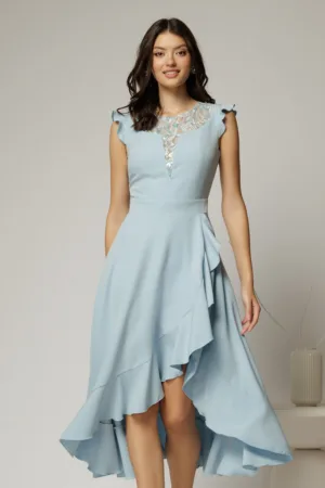 Rochie DY Fashion bleu asimetrica cu aplicatii la decolteu si volanas