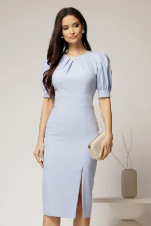 Rochie DY Fashion bleu conica cu maneci bufante scurte si detaliu la decolteu