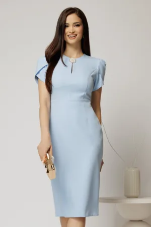 Rochie DY Fashion bleu conica cu maneci scurte lalea si accesoriu la decolteu
