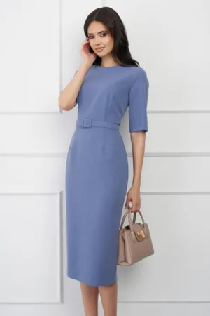 Rochie DY Fashion bleu conica cu maneci scurte si curea in talie