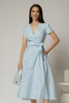 Rochie DY Fashion bleu cu buline cu decolteu petrecut si cordon in talie