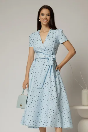Rochie DY Fashion bleu cu buline cu decolteu petrecut si cordon in talie