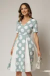 Rochie DY Fashion bleu cu buline mari si pliuri ample in contrast