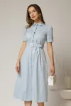 Rochie DY Fashion bleu cu buline tip camasa si curea in talie