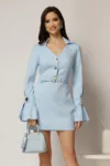 Rochie DY Fashion bleu cu maneci evazate si decolteu cu guler