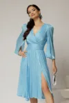 Rochie DY Fashion bleu de ocazie din voal peliculizat cu maneci crapate
