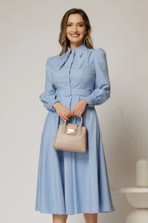 Rochie DY Fashion bleu din poplin cu guler dublu si curea in talie