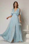 Rochie DY Fashion bleu lunga de seara cu decolteu adanc si funde ample